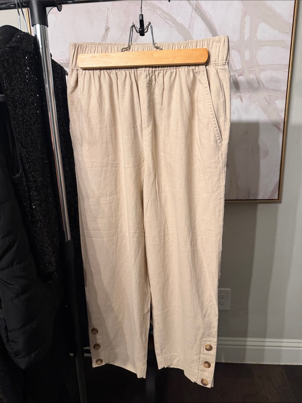 LOFT Cream Elastic-Waist Wide-Leg Chinos with Button Hem
